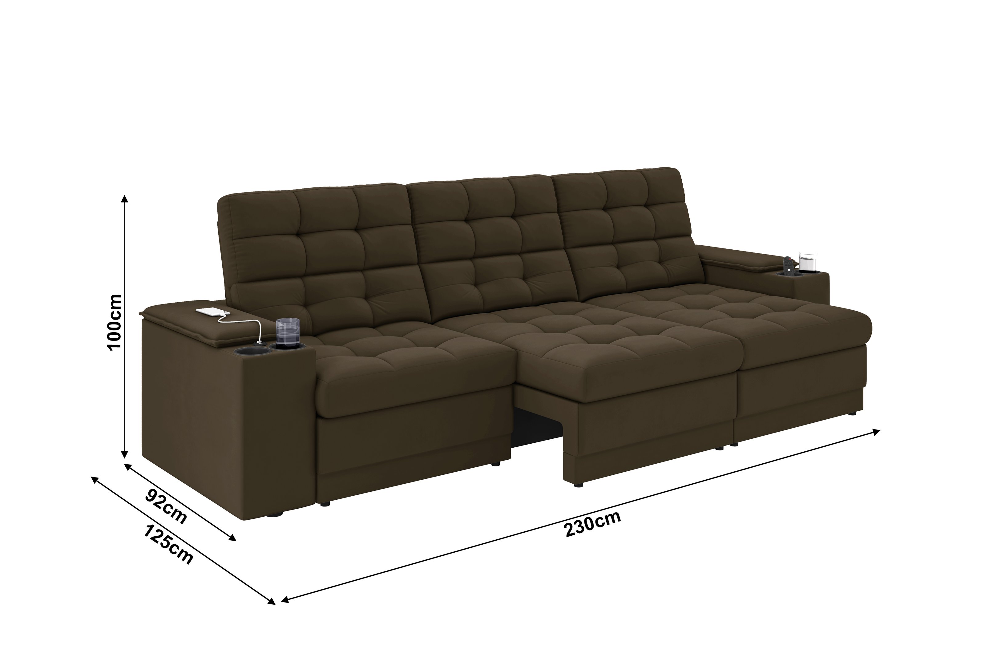 Sofá Confort Premium 2,30m Assento Retrátil/reclinável Porta Copos e Usb Suede Marrom - Xflex - 2
