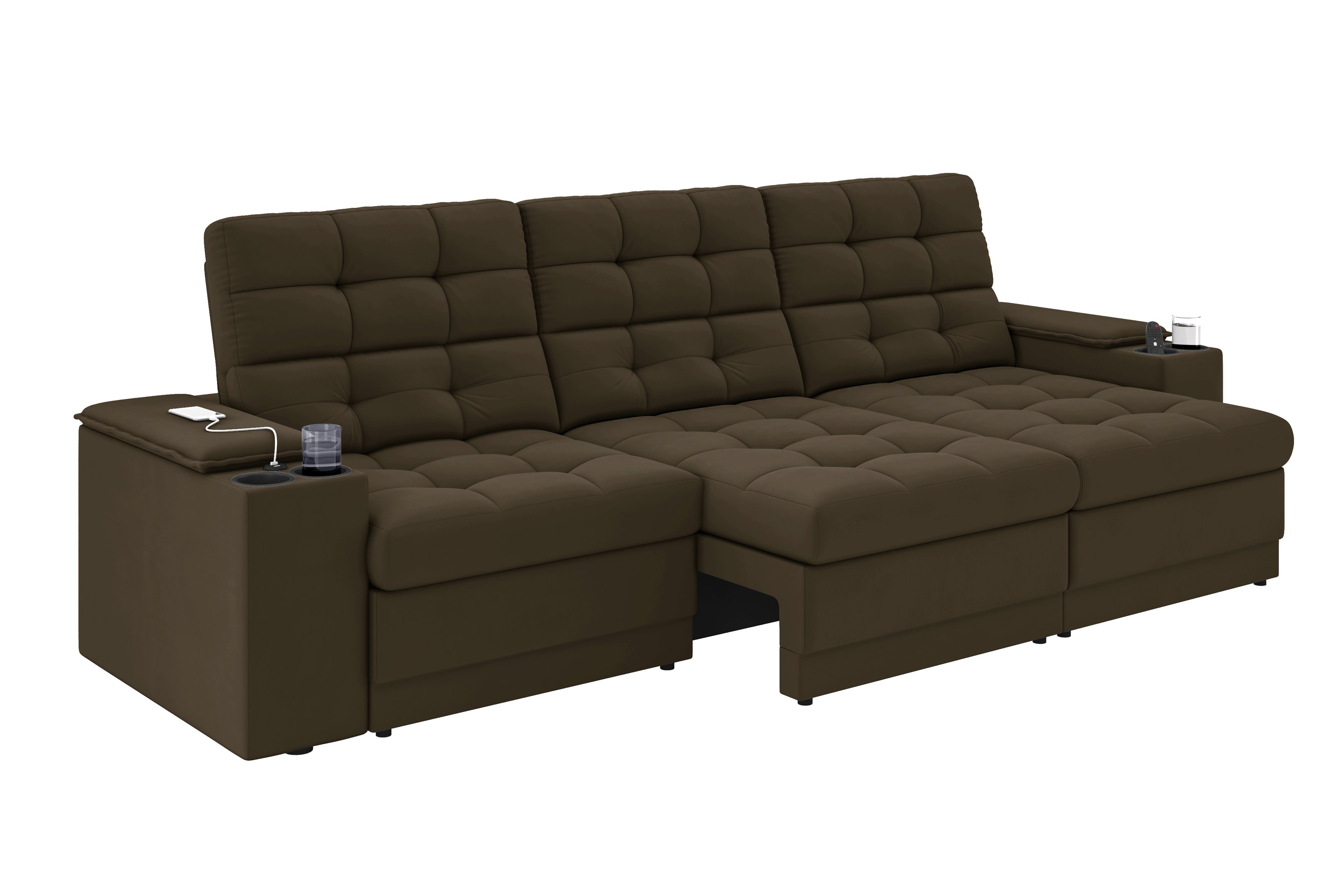Sofá Confort Premium 2,30m Assento Retrátil/reclinável Porta Copos e Usb Suede Marrom - Xflex - 3
