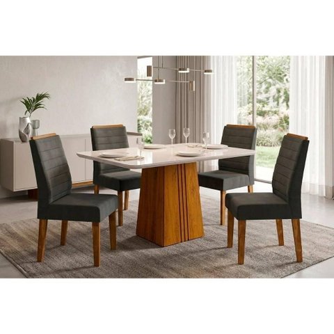 Conjunto de Jantar Italia + 4 Cadeiras Ondina Tampo em Vidro Amadeirado 120cm DJ Móveis