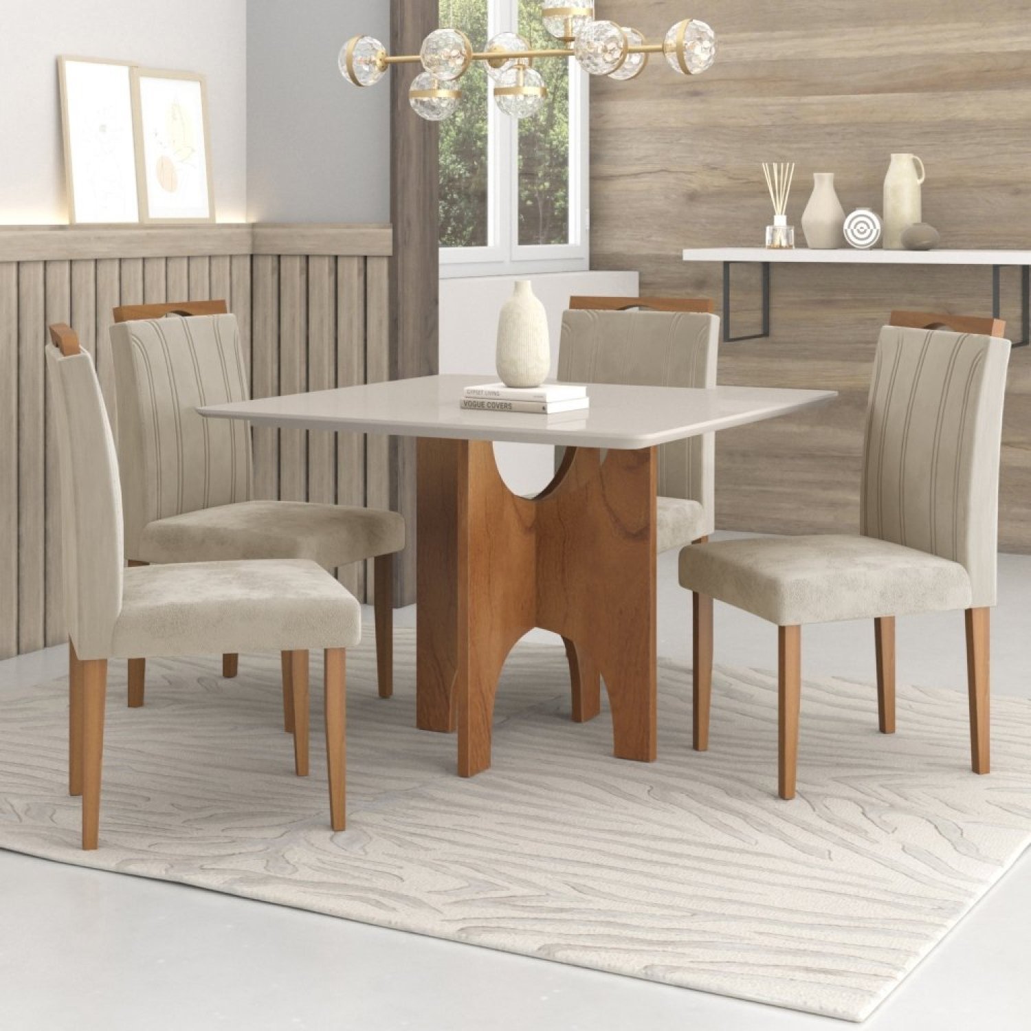 Conjunto Sala de Jantar Mesa Natal Tampo Vidro/MDF com 4 Cadeiras 03 com Puxador  - 1