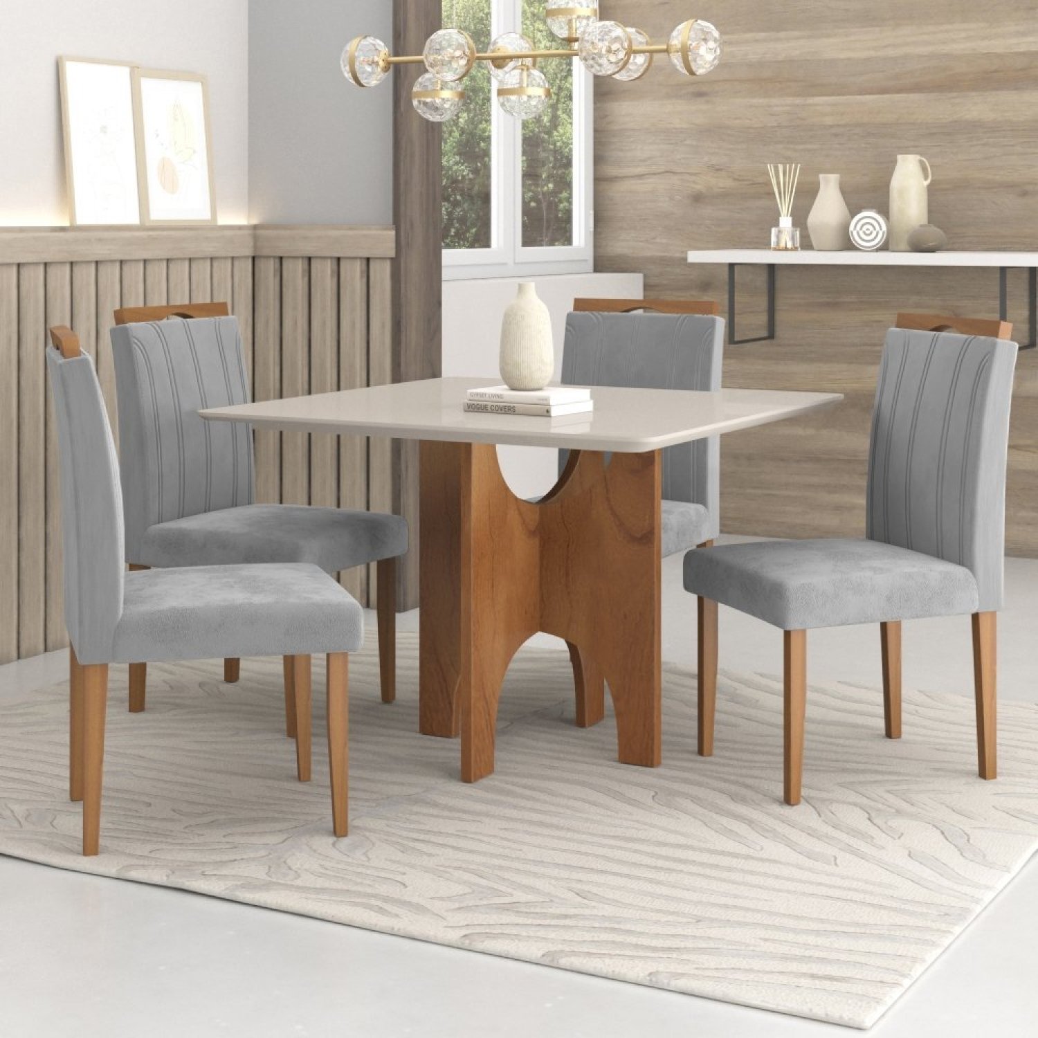 Conjunto Sala de Jantar Mesa Natal Tampo Vidro/MDF com 4 Cadeiras 03 com Puxador  - 1