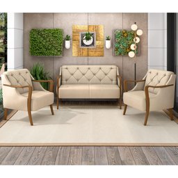 Kit Sofá 02 Lugares Sala Estar 135cm Com Poltrona Coral Pés De Madeira M03 Couríssimo Bege - - 2