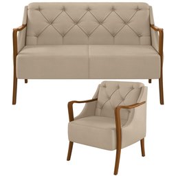 Kit Sofá 02 Lugares Sala Estar 135cm Com Poltrona Coral Pés De Madeira M03 Couríssimo Bege - - 1