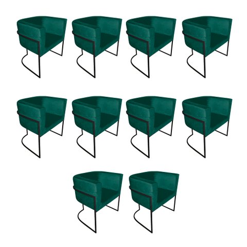 Kit 10 Poltronas Decorativa Sala de Estar Base de Ferro Preta Veludo Verde