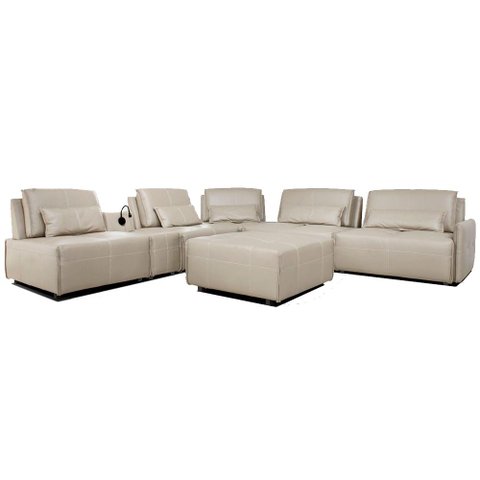 Sofá de Canto Yale 5 Lugares + Puff e Console com Luminária Couro Pérola 550cm - 69956