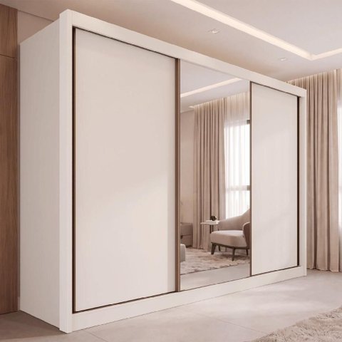 Guarda-Roupa Casal com Espelho 3 Portas de Correr e 6 Gavetas Multimóveis Crnvh-GRP136 Neve