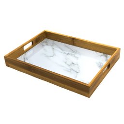 Bandeja Plástica P/ Servir Retangular Borda Madeira 43x31cm - 2