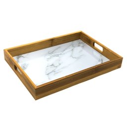 Bandeja Plástica P/ Servir Retangular Borda Madeira 43x31cm - 1