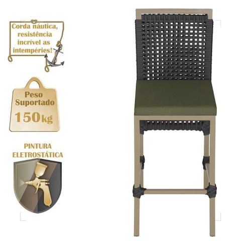 Mesa Bistro e 4 Banquetas Roma Fendi Corda Náutica 13 Trama Preta