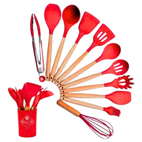 Kit 12 Utensilios de Cozinha Silicone com Suporte e Cabo de Madeira Bambu Antiaderentes Kitchen Uten