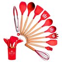Ver imagem 1 de Kit 12 Utensilios de Cozinha Silicone com Suporte e Cabo de Madeira Bambu Antiaderentes Kitchen Uten