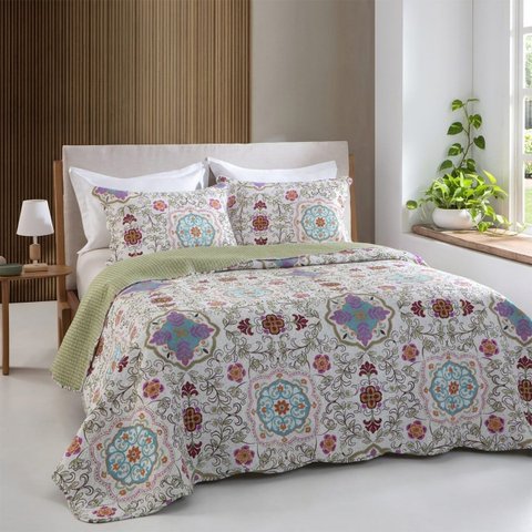 Colcha Patchwork Queen Size Dupla Face C/ Porta Travesseiro Lucca 2 Rozac