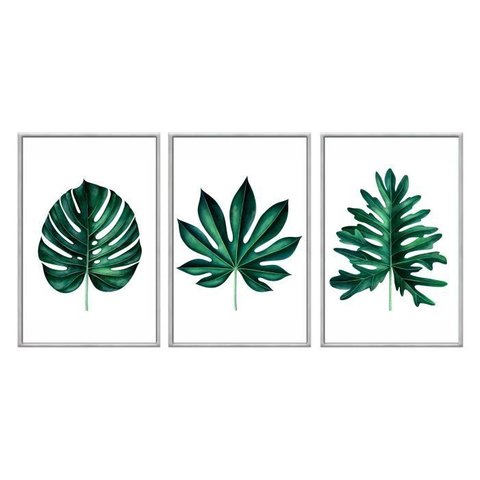 Kit 03 Quadros Decorativos - Folhas Tropicais Verde Escuro Flnt007 - Vidro com Impressão Uv 40x60cm