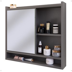 Espelheira Armário de Banheiro Suspenso com Porta e Nichos Espelho Organizadora Aqua - Cinza