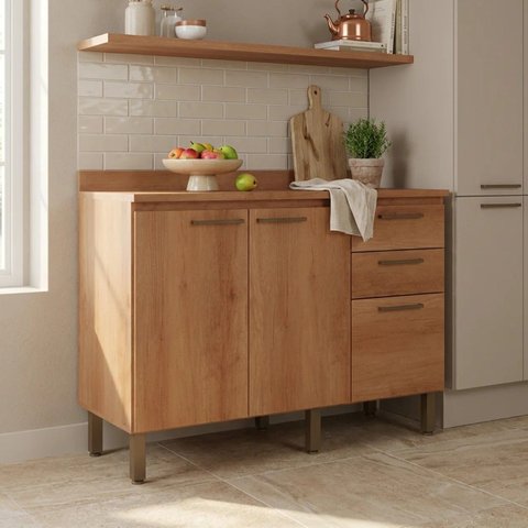 Balcão de Cozinha com Tampo 100% MDF 2 Portas 3 Gavetas 120cm Princess Marrom Freijó