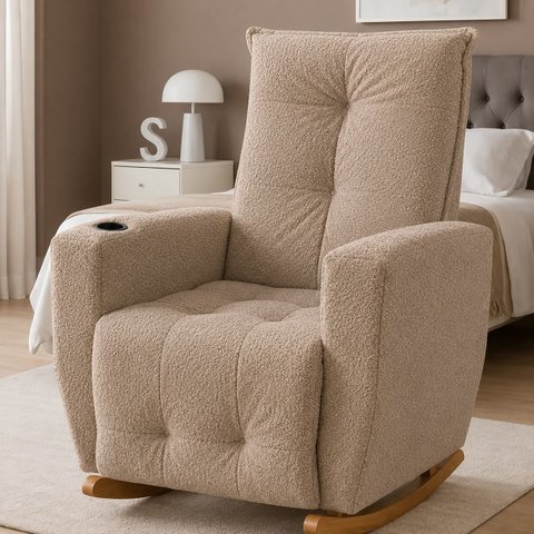Poltrona de Amamentação Luna com Puff e Balanço Suave em Boucle – Conforto, Elegância e Qualidade