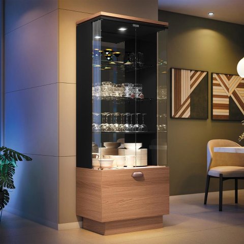 Cristaleira Aura Hb Móveis 2 Portas de Vidro 1 Gaveta Nature e Preto