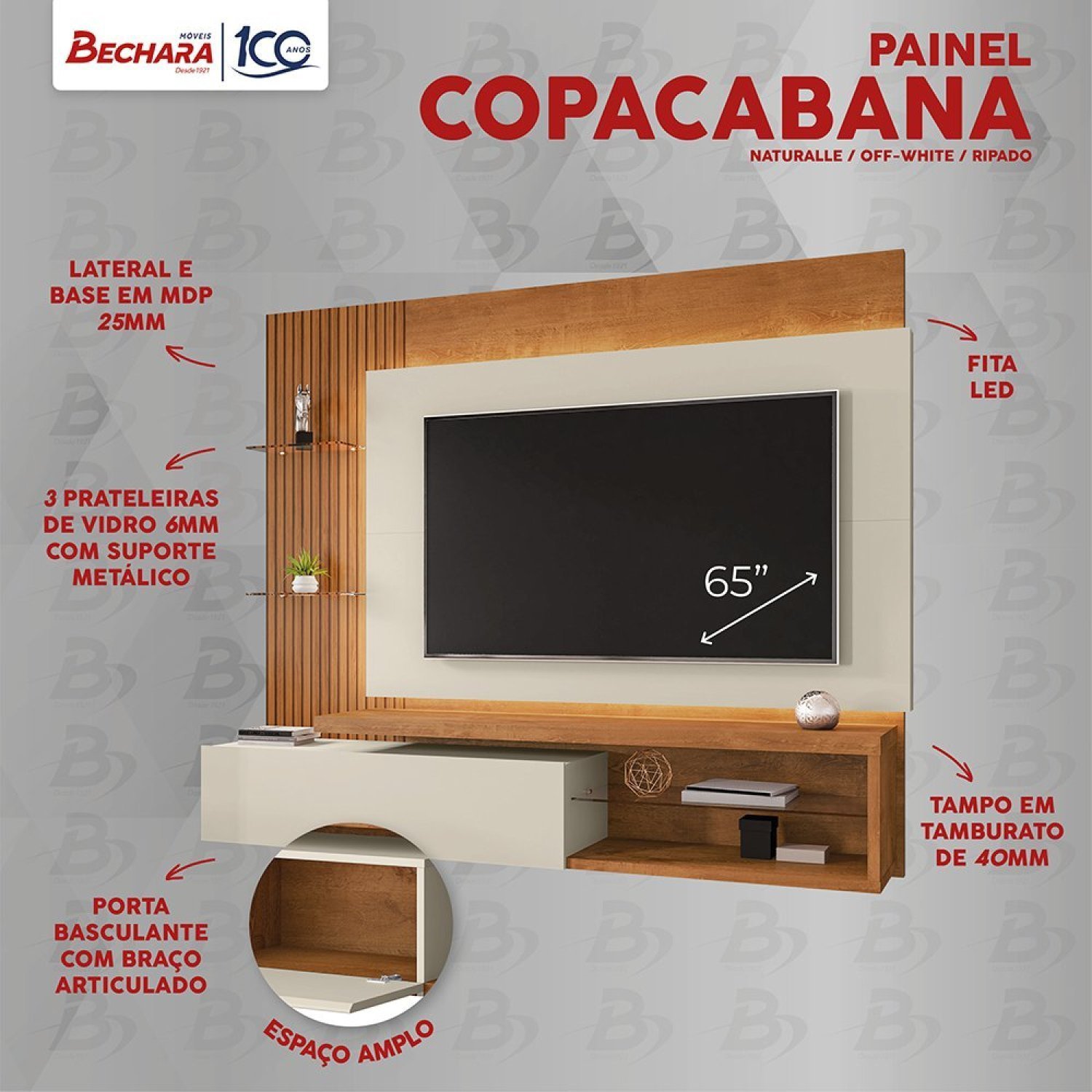 Painel para TV Até 65 Polegadas Prateleiras de Vidro e Fita LED Copacabana Bechara Pintura Ripada 3D - 5