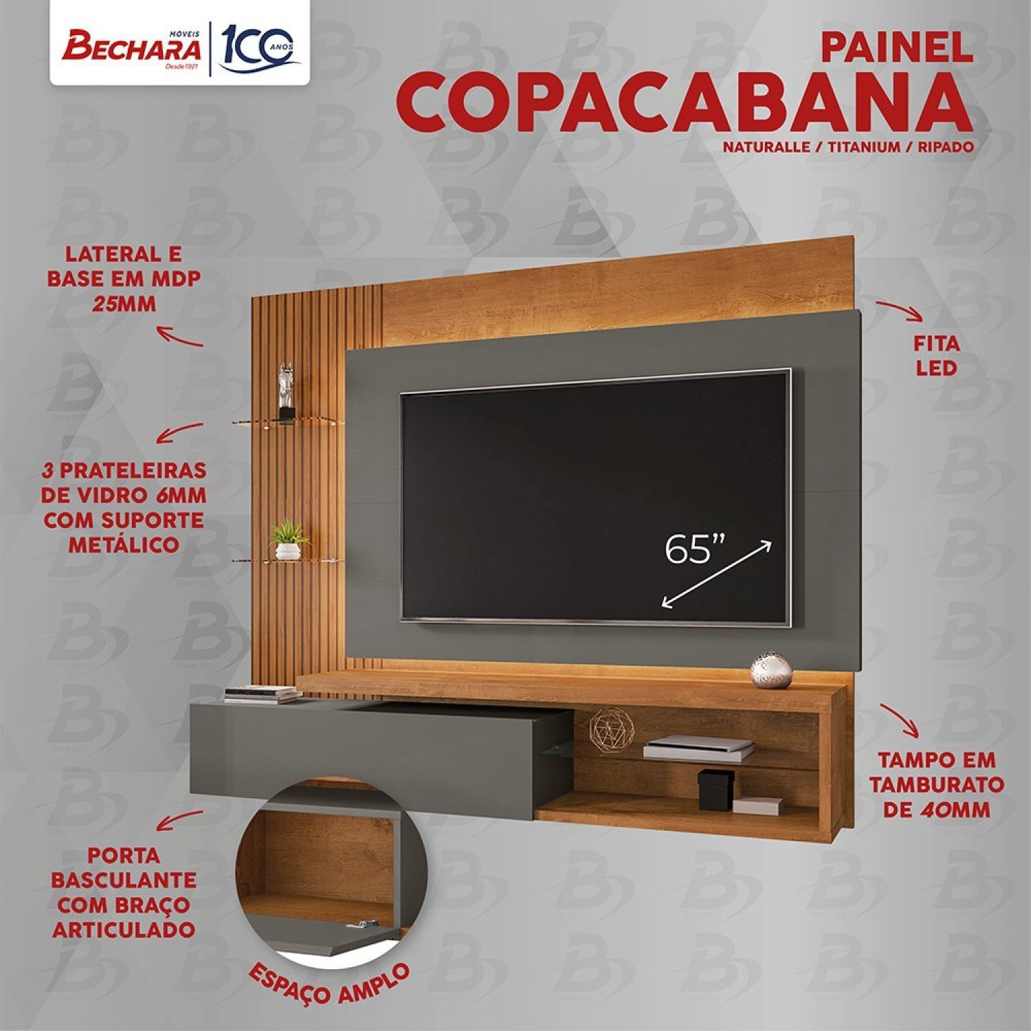 Painel para TV Até 65 Polegadas Prateleiras de Vidro e Fita LED Copacabana Bechara Pintura Ripada 3D - 5