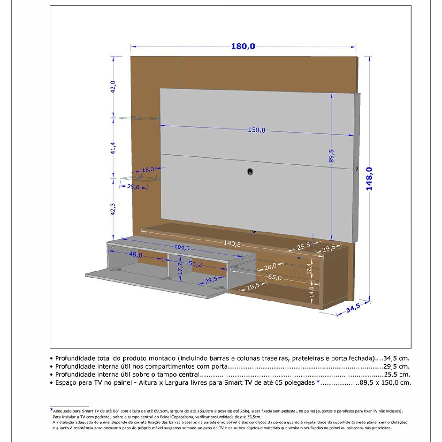 Painel para TV Até 65 Polegadas Prateleiras de Vidro e Fita LED Copacabana Móveis Bechara - 4