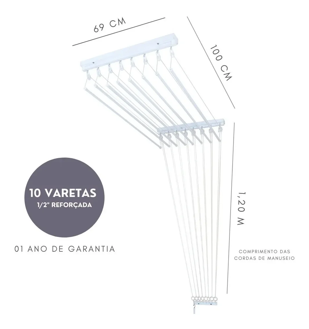 Varal De Teto Individual 100cm x 10 Varetas - Em Alumínio Branco - 3