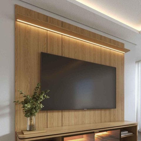 Painel para TV até 85" com Prateleira e LED Neon Float 215 cm - Carvalho