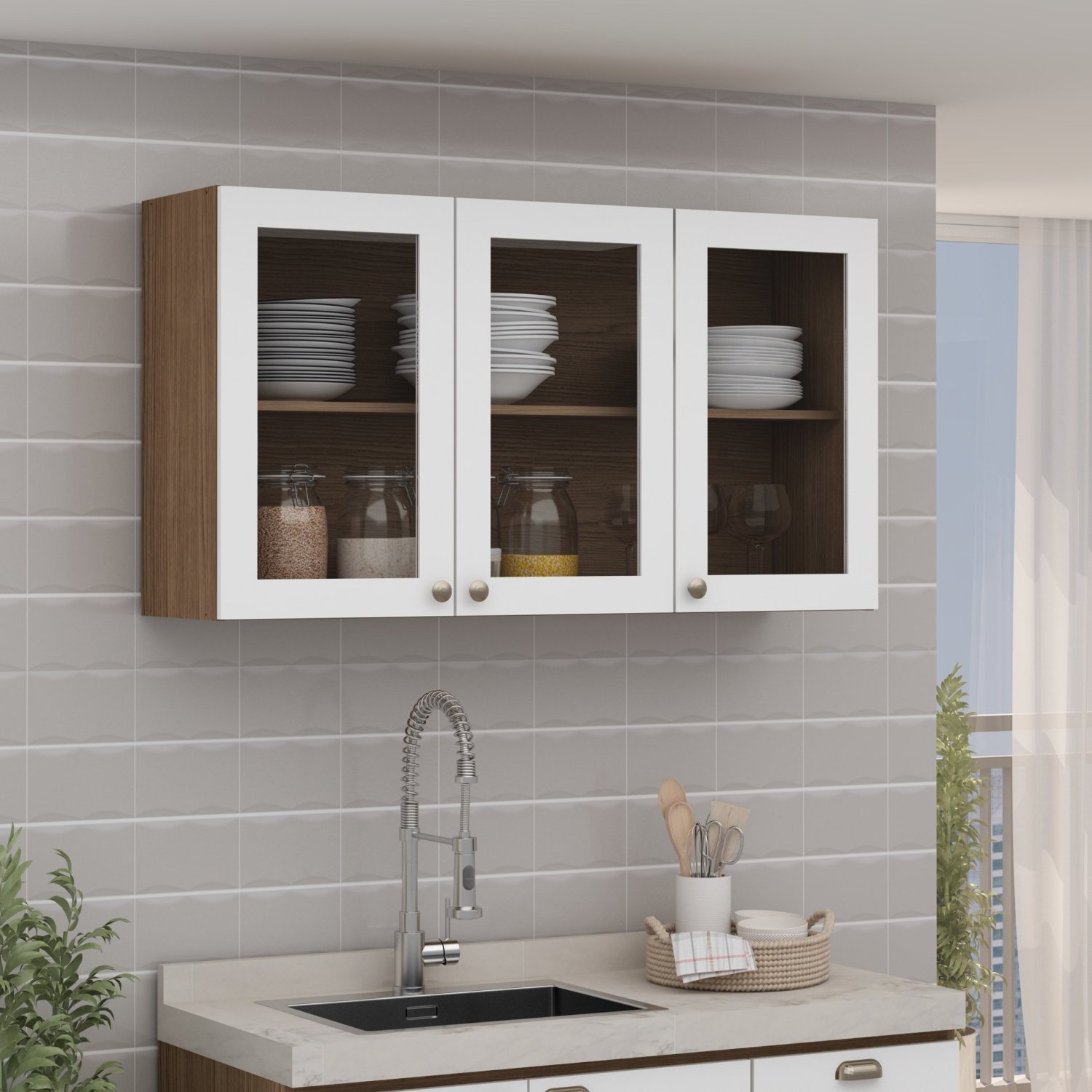 Armário Aéreo de Cozinha com 3 Portas de Vidro | MadeiraMadeira
