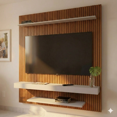 Painel para TV 60 Polegadas 160,2cmx150cm MDP 2 Prateleiras Ripado Impressão Off White Móveis Bechara Leme