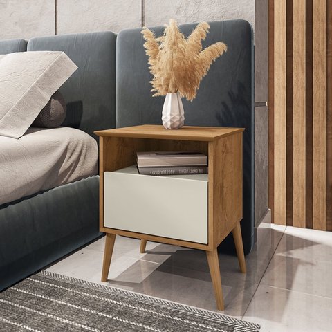 Mesa de Cabeceira 1 Gaveta Pés de Madeira Maciça Cancun 