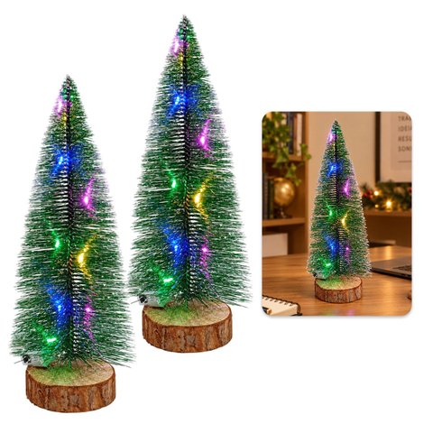 Mini Pinheiro de Natal LED Kit 2 Uni Fio de Fada Embutido Base de Madeira Casa Escritorio Decoracao 