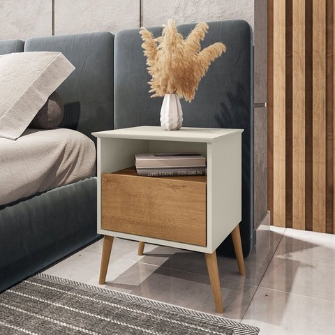 Mesa de Cabeceira 1 Gaveta Pés de Madeira Maciça Cancun Branco