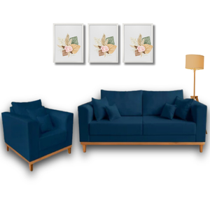 Conjunto de Sofá Beny, 2 Peças, 1 Sofá 1,40m e 1 Poltrona, Tecido Linho Azul Marinho
