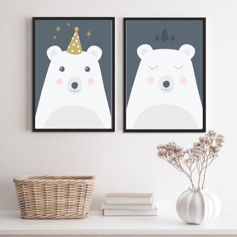 Kit 2 Quadros Infantis Menino Urso Polar Azul e Branco 45x34cm:madeira Branca