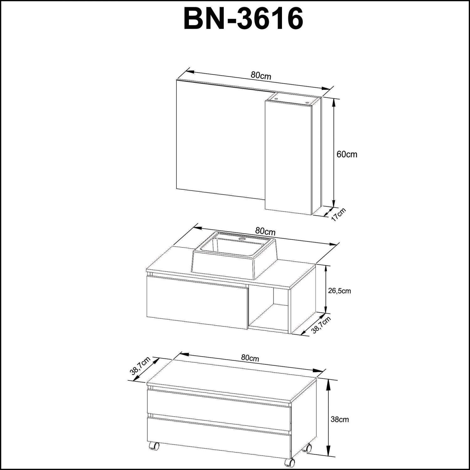 Gabinete Para Banheiro Com Espelheira E Cuba Bn3616  - 3