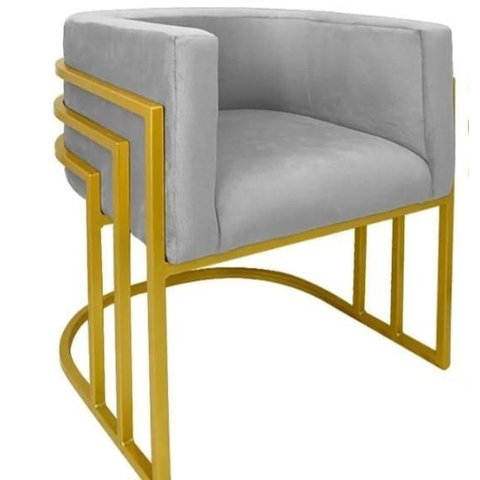 Cadeira Poltrona Luxo Base de Metal Tripla Dourado Sala de Jantar Recepção Veludo Prata do Lar Móvei