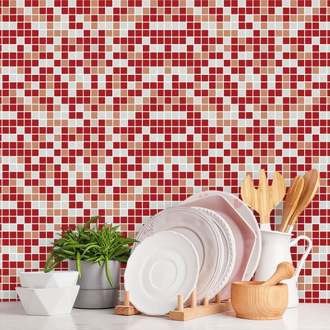 Papel de Parede Adesivo Pastilha Tons Vermelho e Cinza 15m