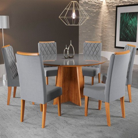 Mesa de Jantar 6 Lugares Virginia com Vidro Mel/Veludo Cinza/Grafite - Panorama Móveis