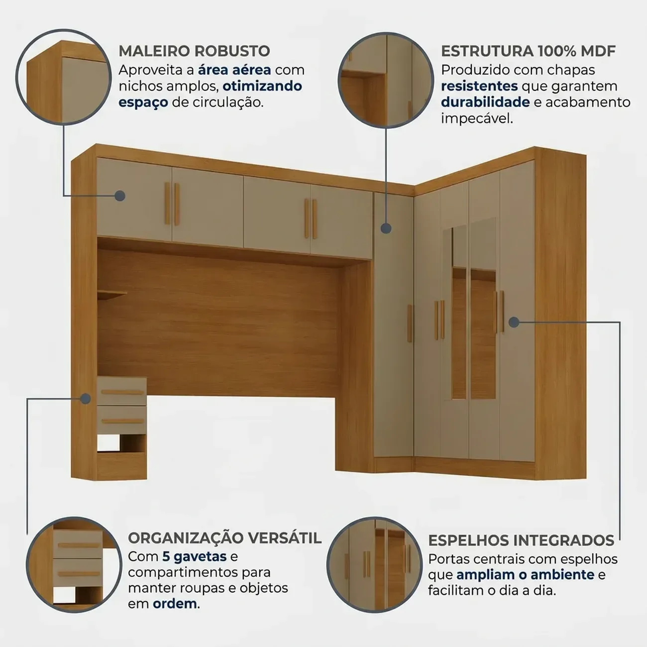 Ver imagem 5 de Guarda Roupa Casal Modulado com Espelho e Cabeceira 100% MDF Imperial Yescasa Cinamomo/Cappuccino