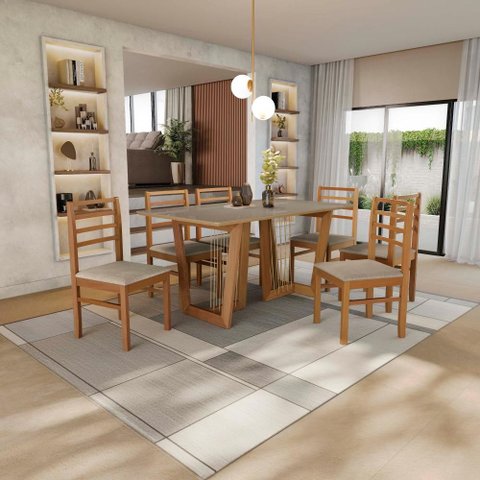 Conjunto Sala de Jantar Elisa em Madeira Maciça 6 Cadeiras Linho Fendi