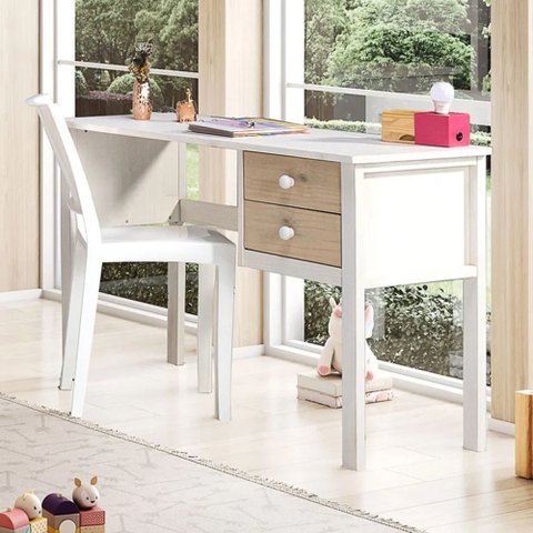 Escrivaninha Infantil Club House Wood com Casatema 120cm Pés em Madeira Maciça MadeiraOriginals Branco E Natural