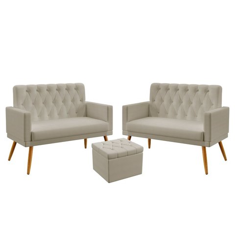 Kit 2 Poltronas Namoradeira Vega Rodapé e Capitonê com Puff Quasar Courino Bege Aradecor