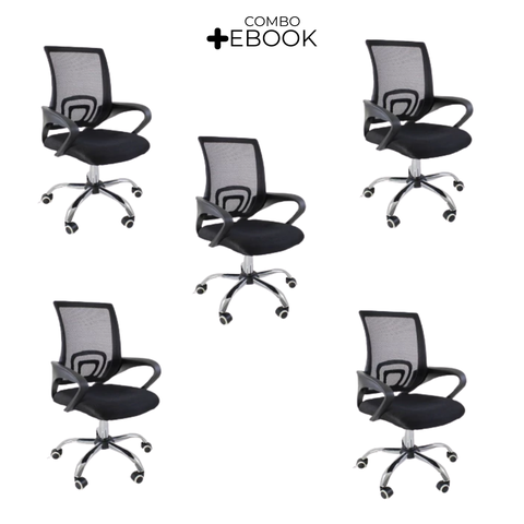 Kit 5 Cadeiras de Escritorio Begonia Tela Mesh Ergonomica - Preto + E-book