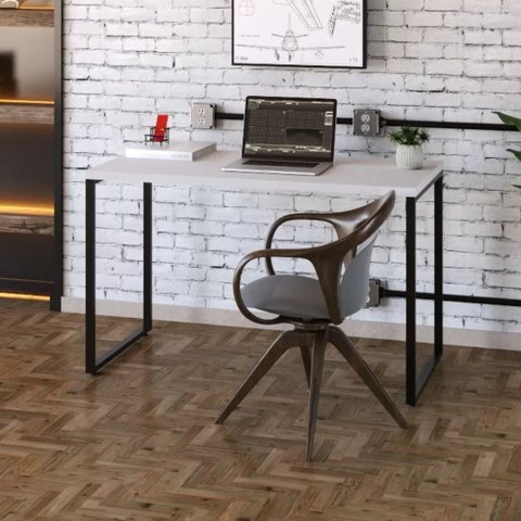 Escrivaninha Mesa Escritório Office Estilo Kuadra 120cm Industrial Branco Chess Marrom