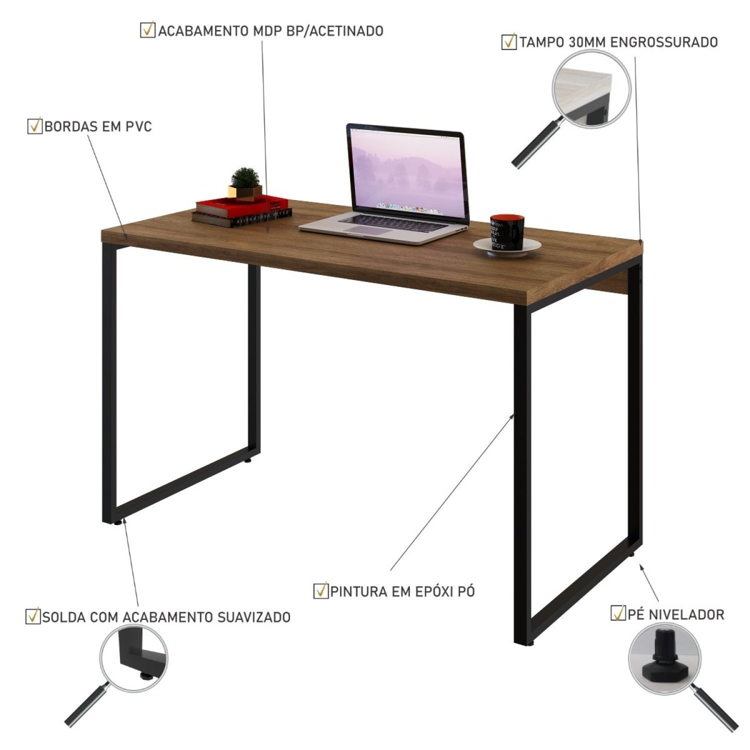 Mesa para Escritório Office Estilo Industrial 120cm Kuadra Compace - 5