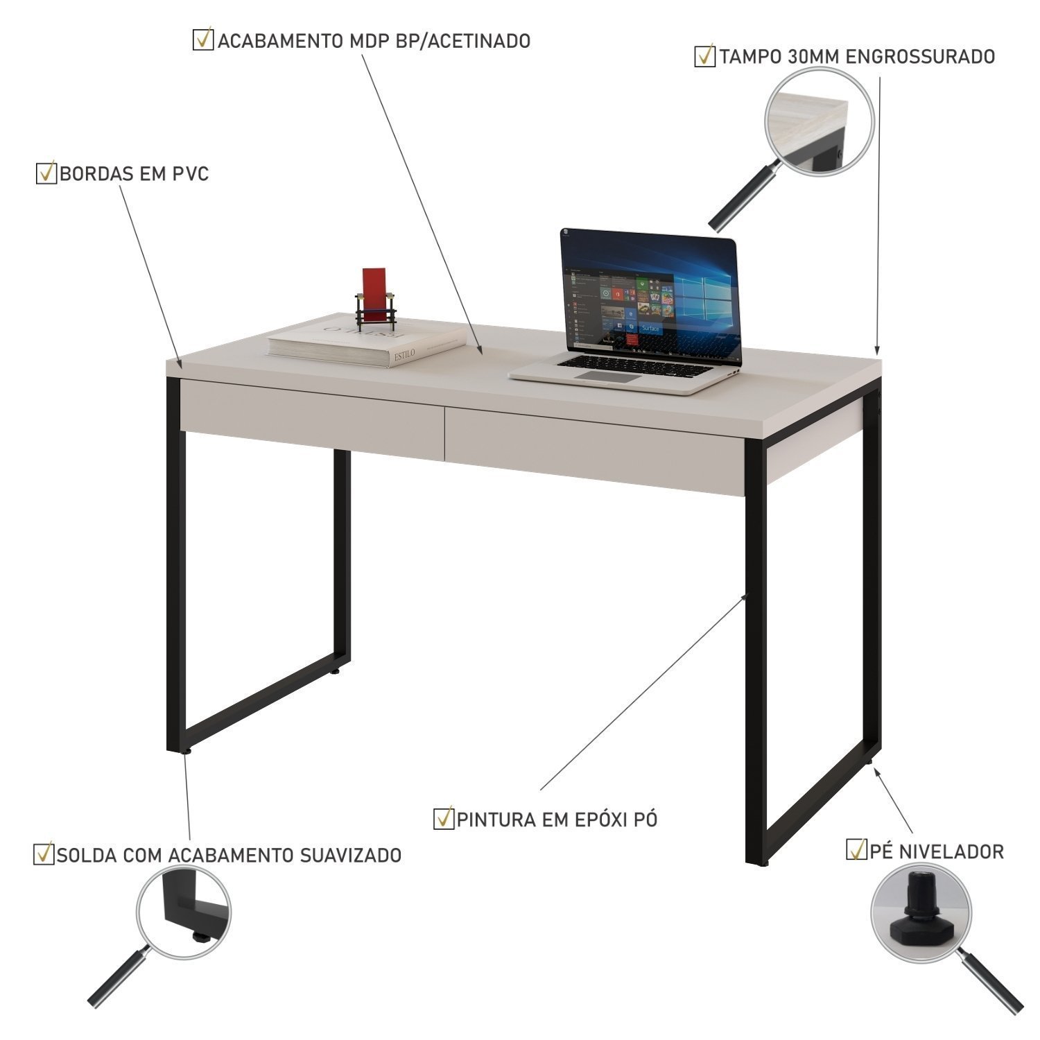 Mesa para Escritório 120cm 2 Gavetas Kuadra  - 5