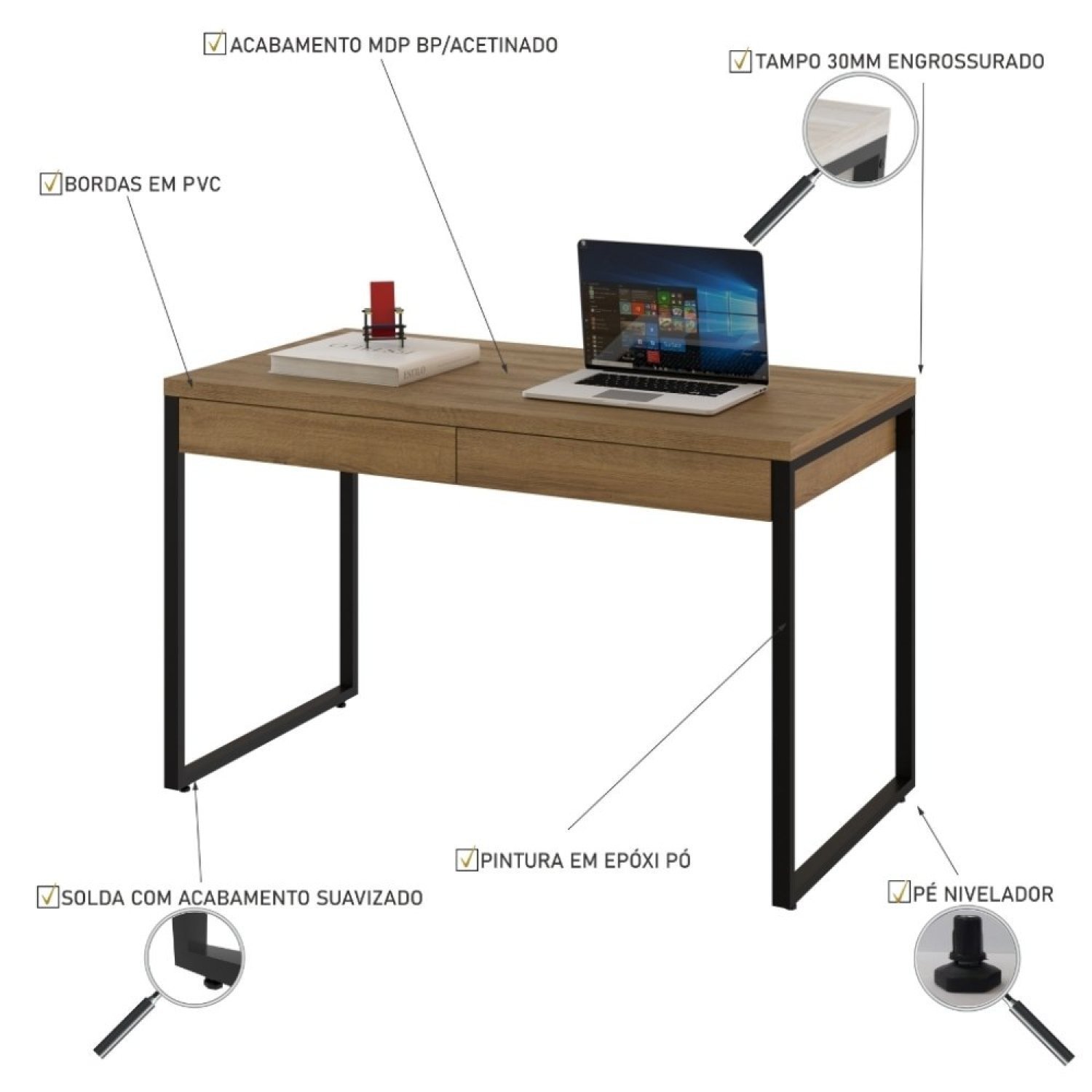 Mesa para Escritório 120cm 2 Gavetas Kuadra  - 5
