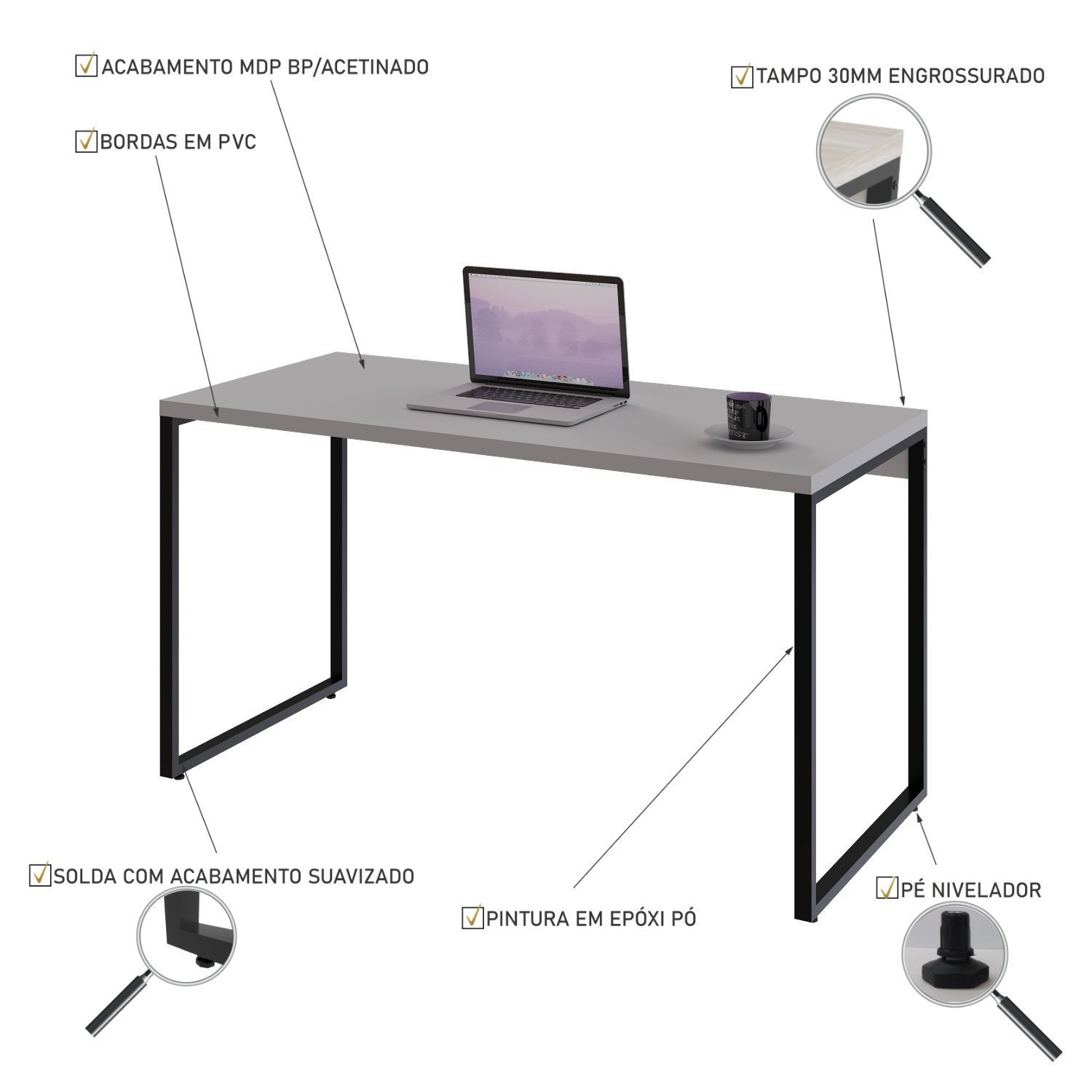Mesa para Escritório Office Estilo Industrial 135cm Kuadra  - 5