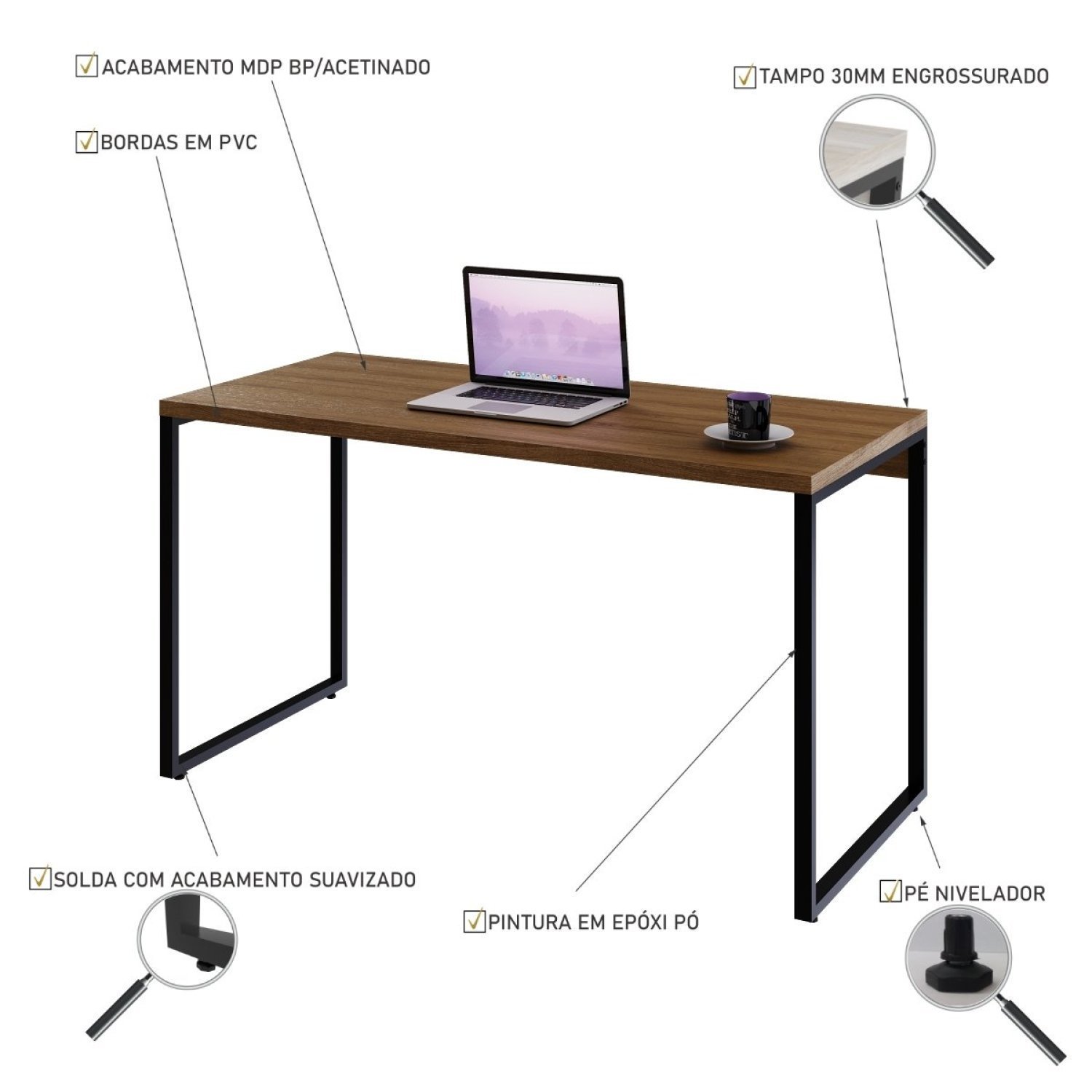 Mesa para Escritório Office Estilo Industrial 135cm Kuadra  - 5