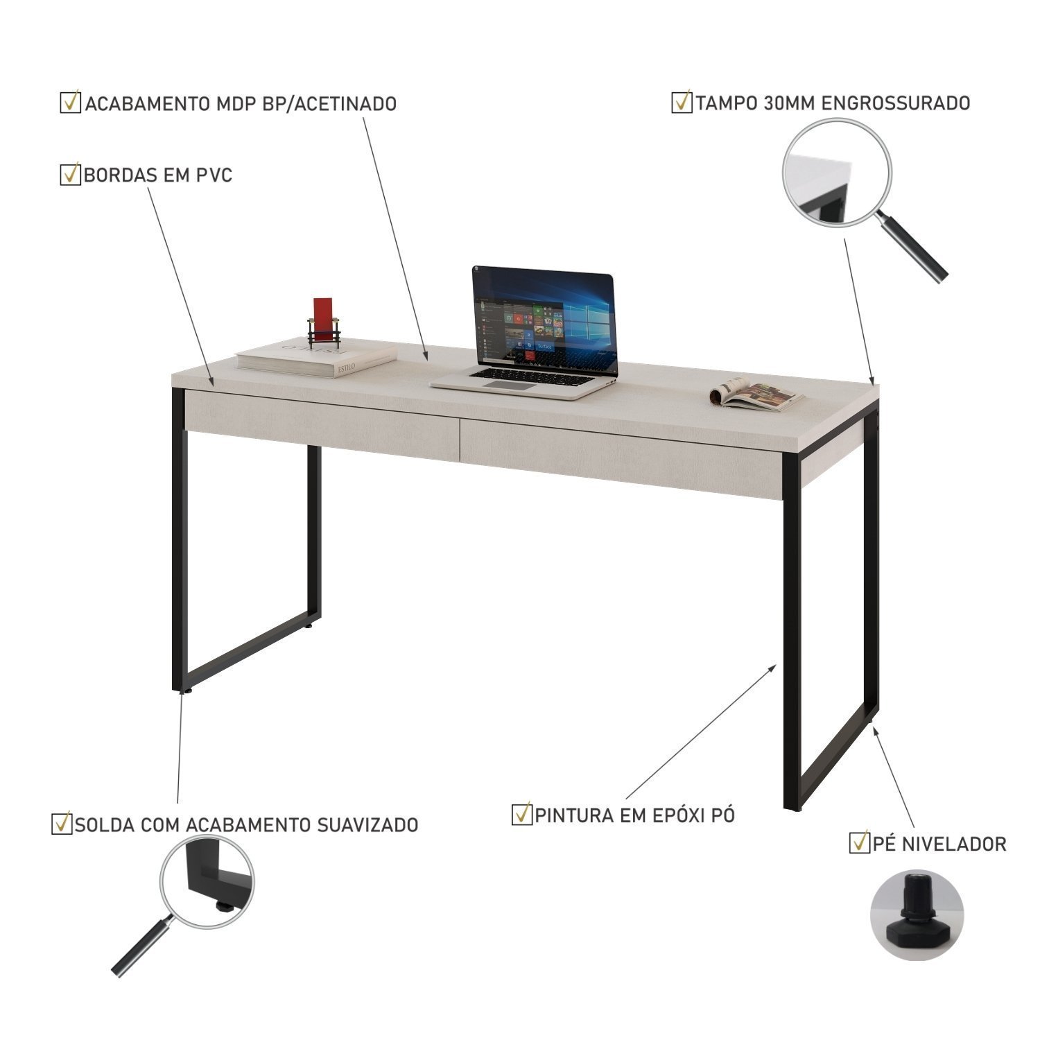 Mesa para Escritório 150cm 2 Gavetas Kuadra  - 5