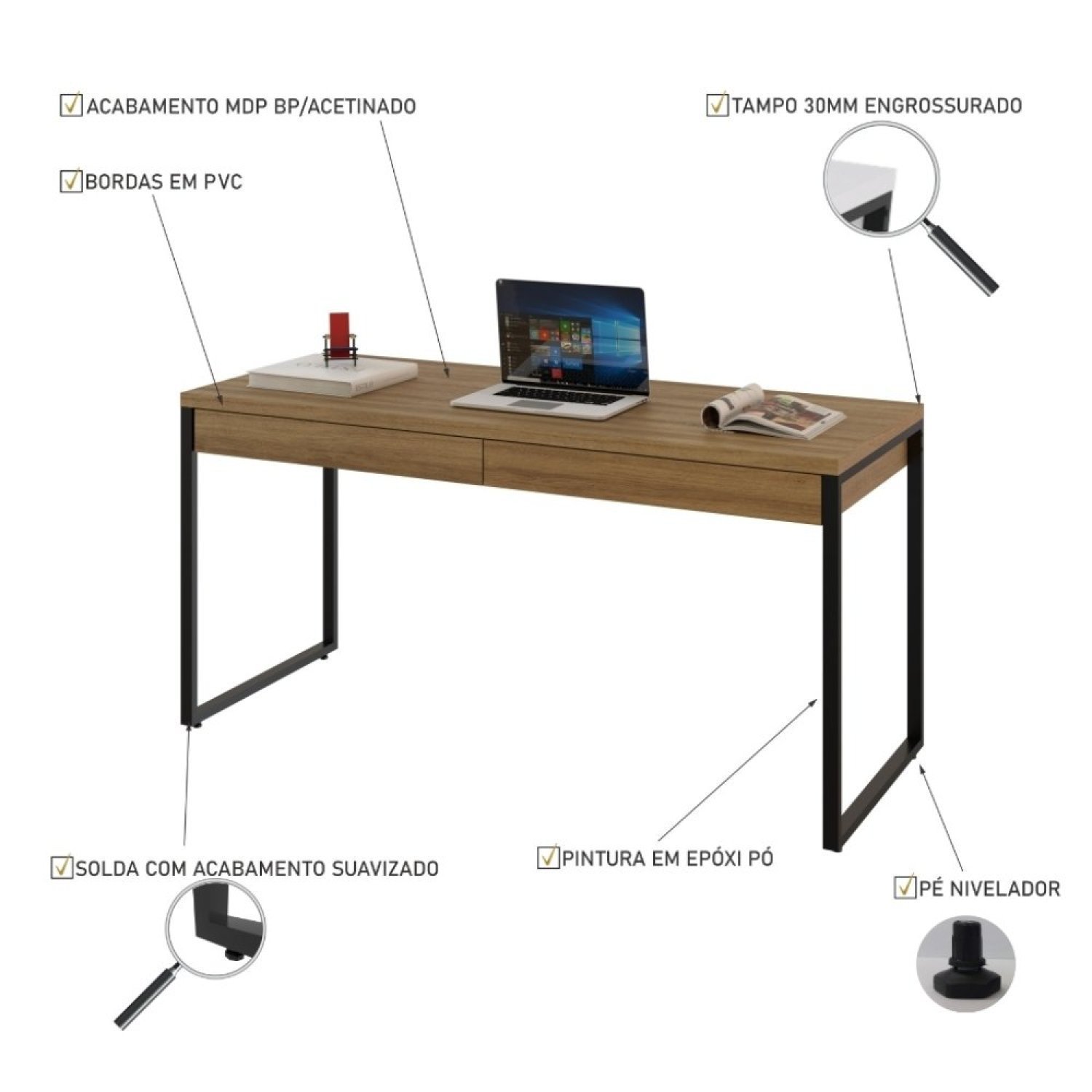 Mesa para Escritório 150cm 2 Gavetas Kuadra  - 5